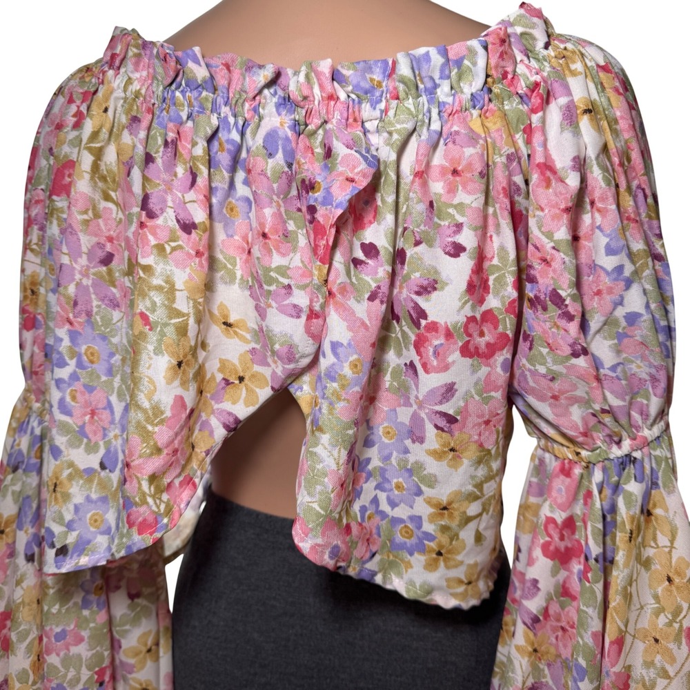 Live 4 Truth Womens Off Shoulder Floral Print Crop Top Bell Sleeve Boho - Picture 3 of 7